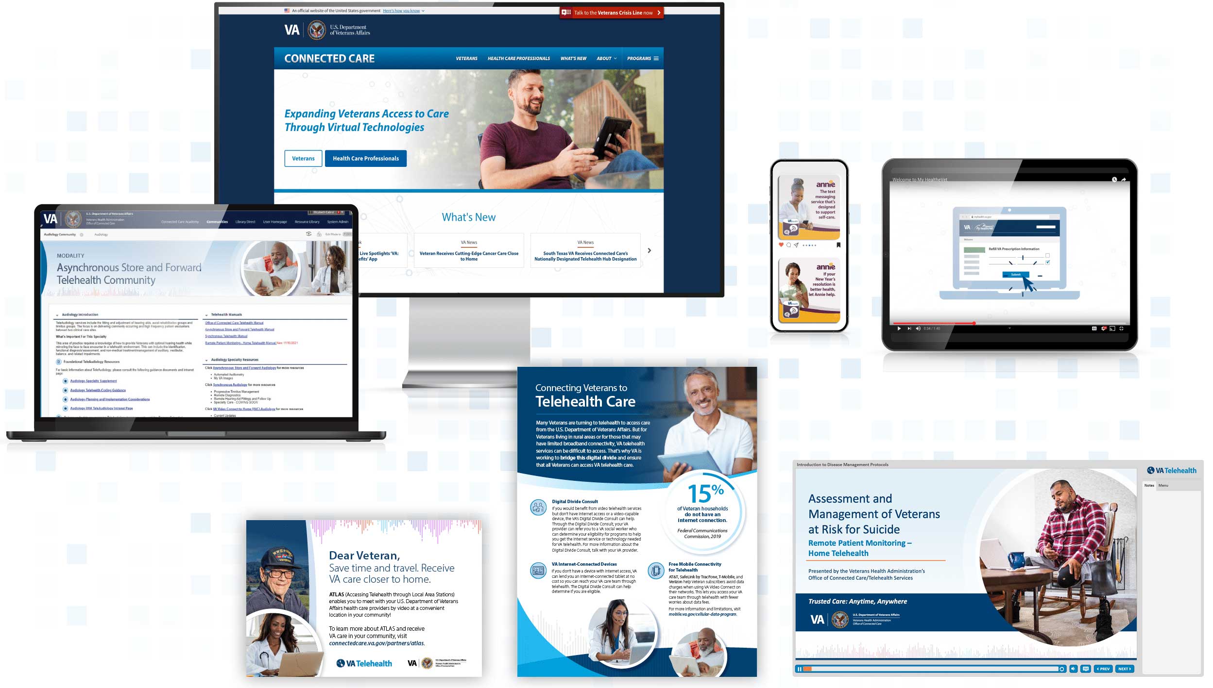 Collage of VA telehealth tools: websites, apps, videos, brochures, and training modules.